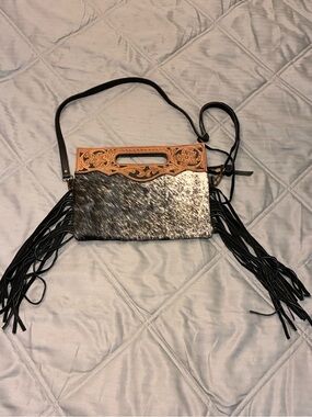 Tooled Leather & Cowhide Fringe Crossbody Bag - Black and Tan